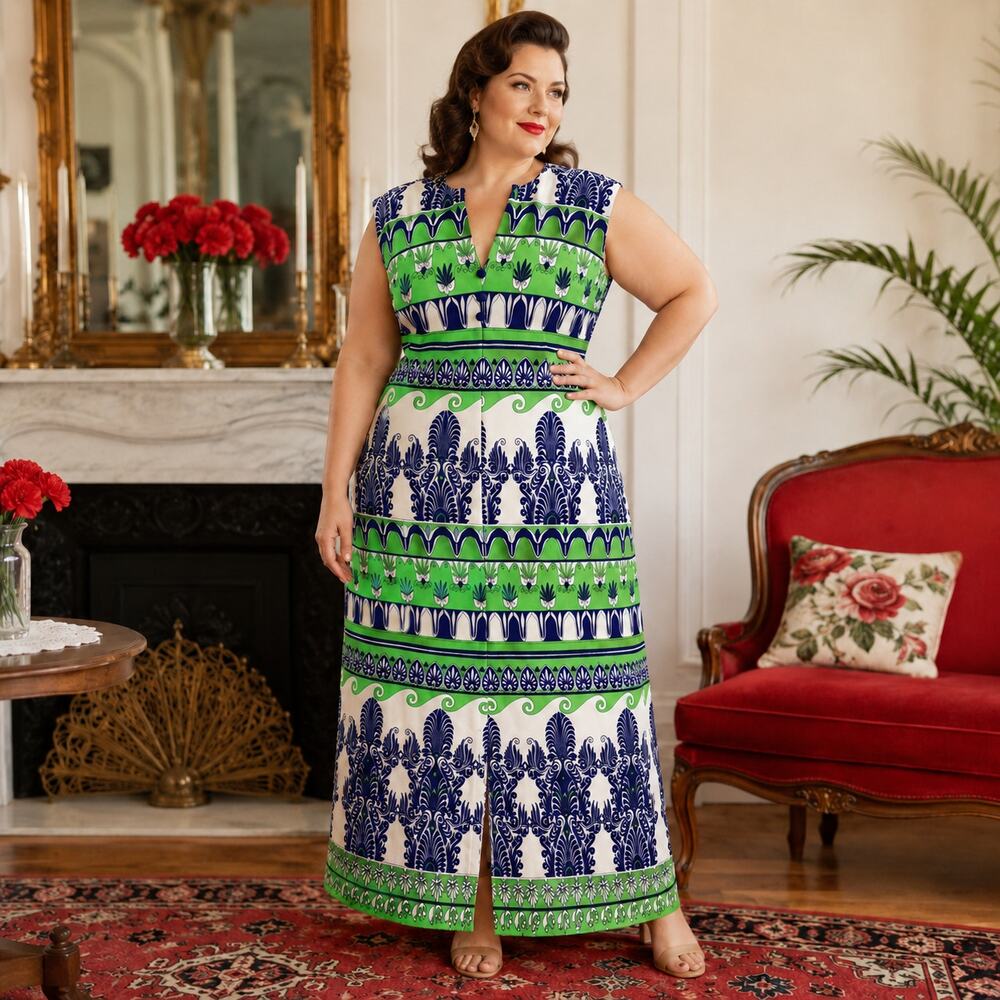 1970s Peacock Print Polyester Maxi Dress Blue Green Sleeveless Mod Hostess - XXL